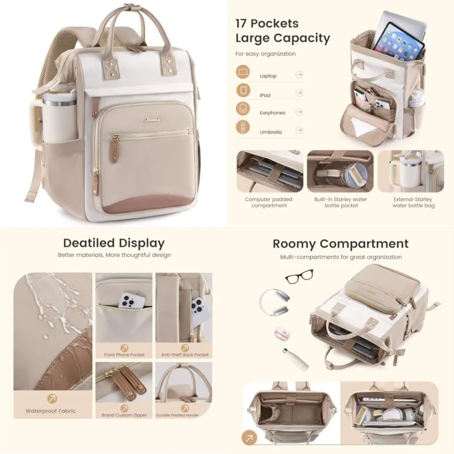 

Laptop Backpack for Women Work Bag with Large Capacity Cup Side Pocket, 15.6 Inch Waterproof Computer Backpacks Purse, College