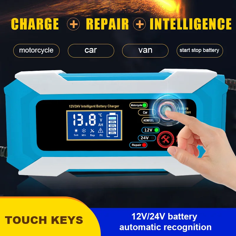 Car Battery Charger 24V 8A Pulse Repair LCD Display Smart Fast Charge AGM Deep Cycle GEL LeadAcid Charger For Auto Motorcycle