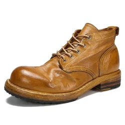 Goodyear-Boots Leather Shoes Men's Genuine Leather Retro Work Dress Shoes Washed Horse Leather Casual Men's Shoes