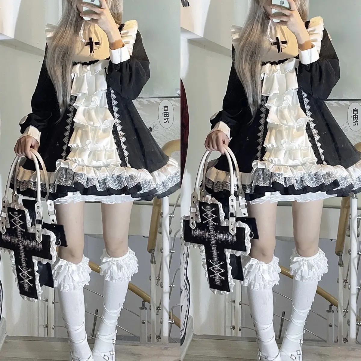 Japan Harajuku Gothic Lolita OP Dress Women Kwaii Bow Ruffles Blue White Patchwork Princess Dresses Girl Tea Party Mini Dress