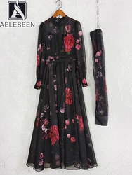 AELESEEN Runway Fashion Long Chiffon Dress Women Spring Autumn Half High Collar Red Flower Print Vintage Maxi Belt Party Holiday