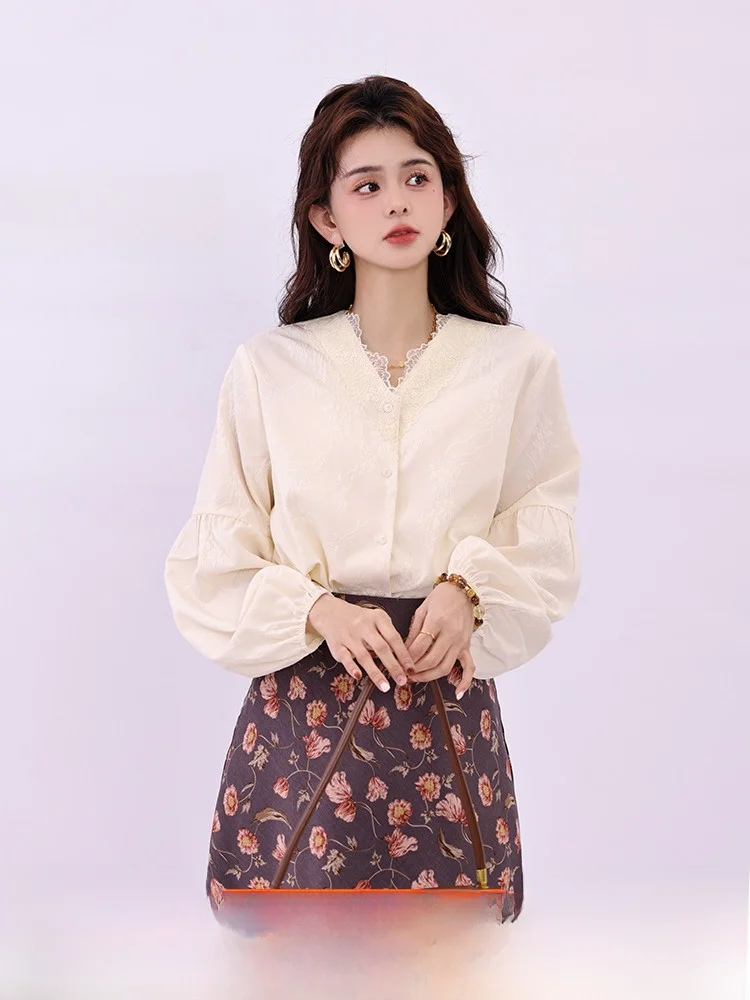 

Chen Jiajie Vintage Sle Loose Fit Thin irt Women's Faionable Apricot Color irt Spring 2025 New Arrival Cotton Polyest...