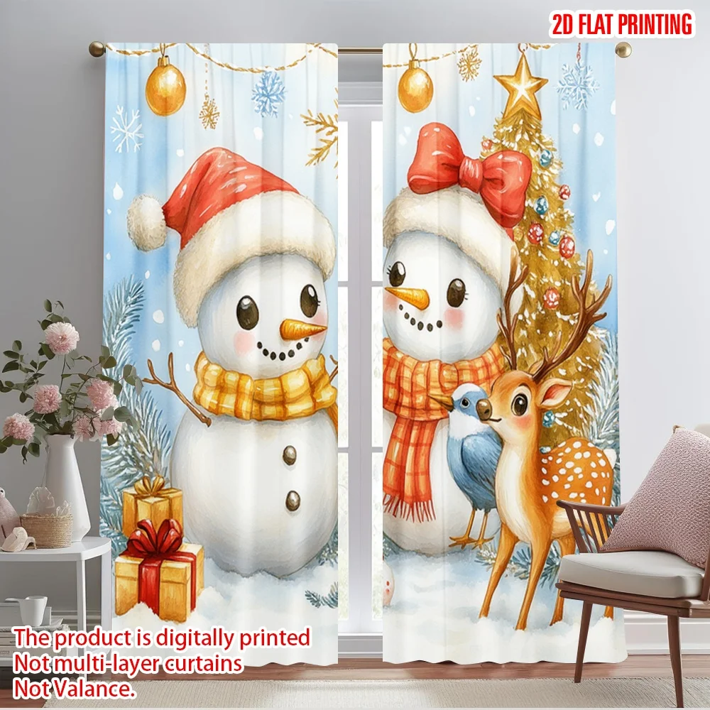 2pcs,2D plane printing Creative Curtains Cute Snowman Deer Bird Versatile Polyester Fabric (without rod) Decorations Inside