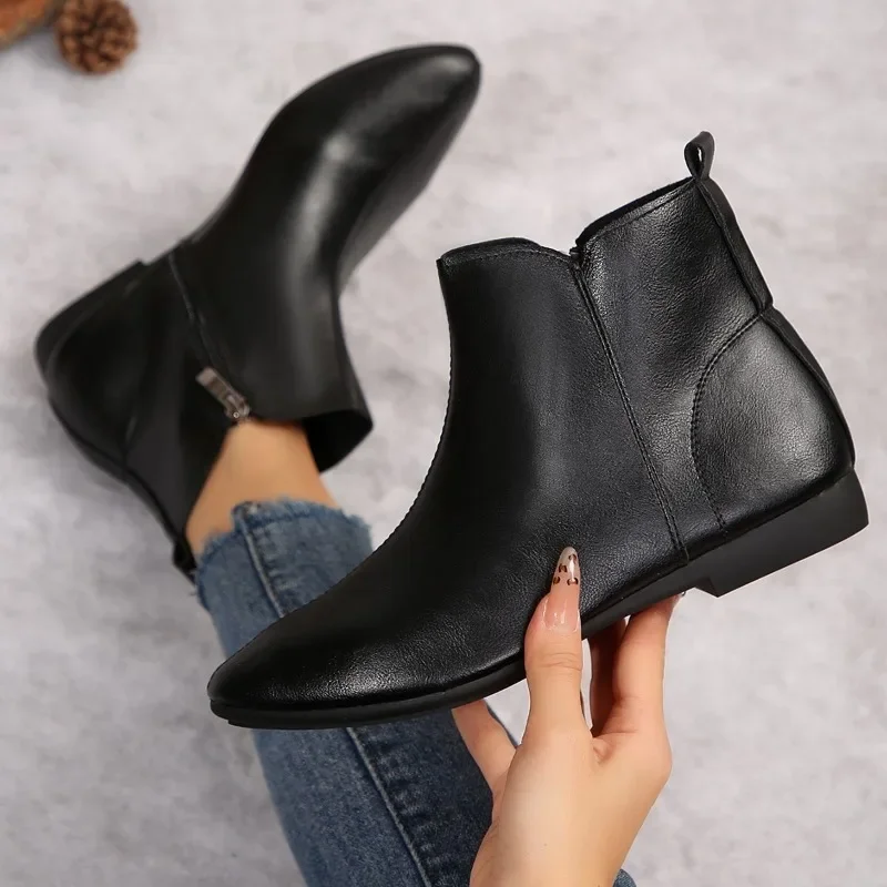 Women's Shoes 2024 Hot Sale Ankle Women's Boots Retro Modern Boots Women Pointed Toe Low Heel Side Zip Shoes Women Zapatos Mujer