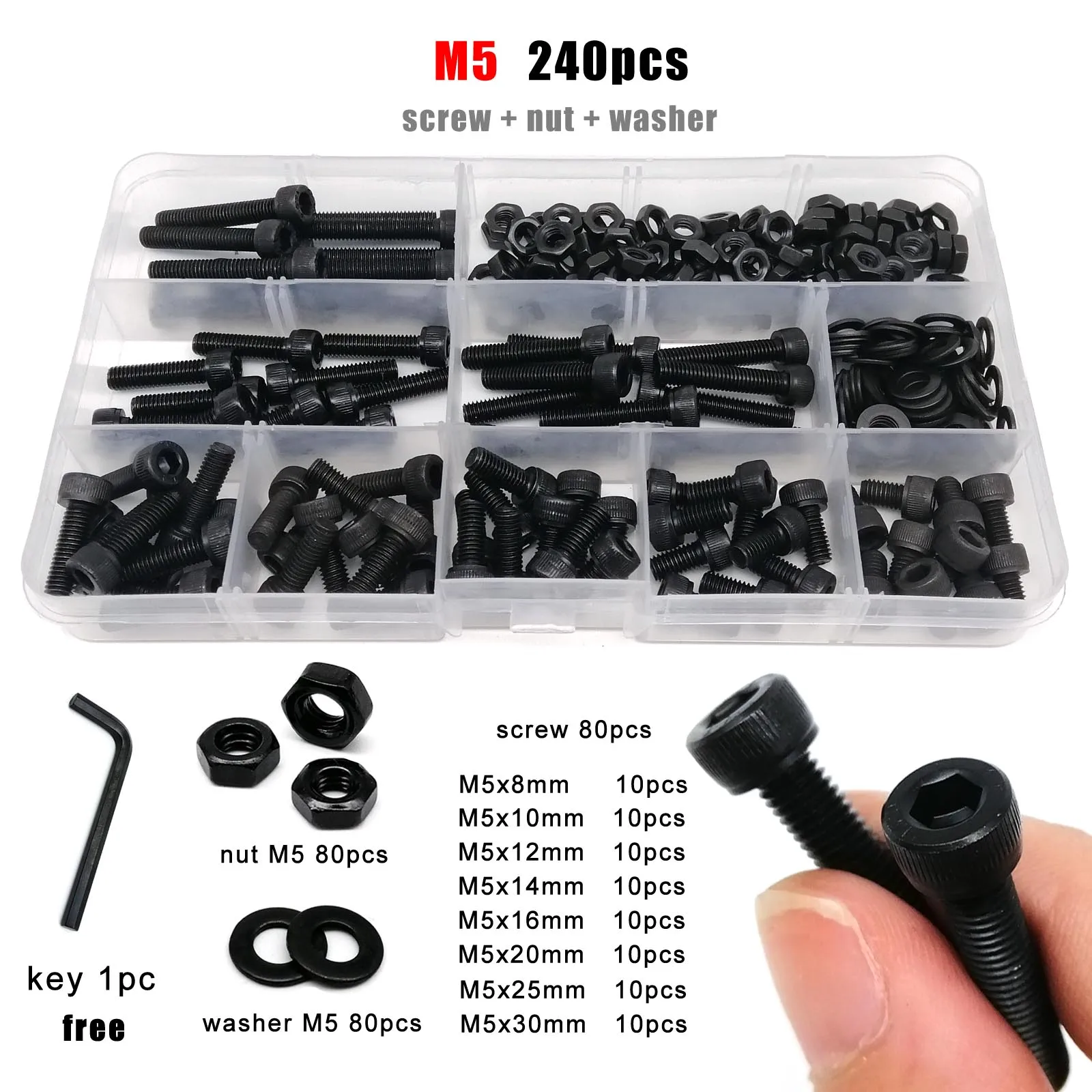 Boxed M2 M2.5 M3 M4 M5 M6 Hex Hexagon Socket Allen Cap Head Screw Bolt Nut Washer Assortment Kit DIN912 Black Grade 12.9 Steel