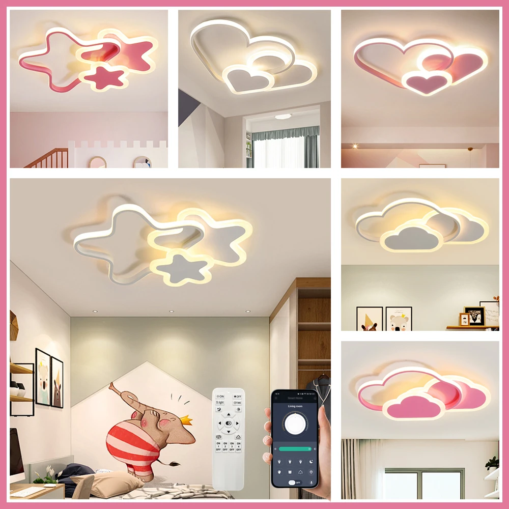 Lámpara de techo de estrella Led para habitación de niños y niñas, luz de techo de nube de estudio, forma de corazón, iluminación de araña rosa para