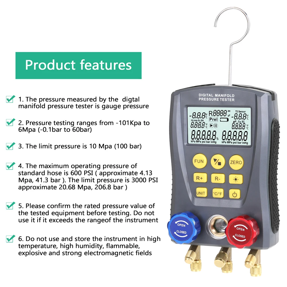 Manometro WZ-0031 refrigerazione Digital Vacuum Pressure collettore Tester aria condizionata Tester di temperatura valvole Tool Kit