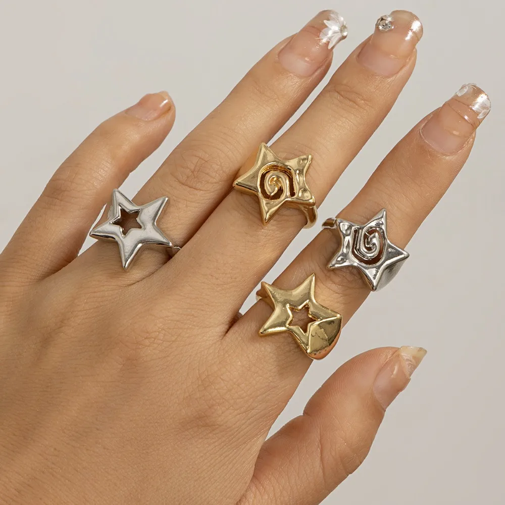 Personalidade bonito oco estrela de cinco pontas espiral casal anéis para mulheres charme geometria pentagrama masculino dedo jóias y2k presente