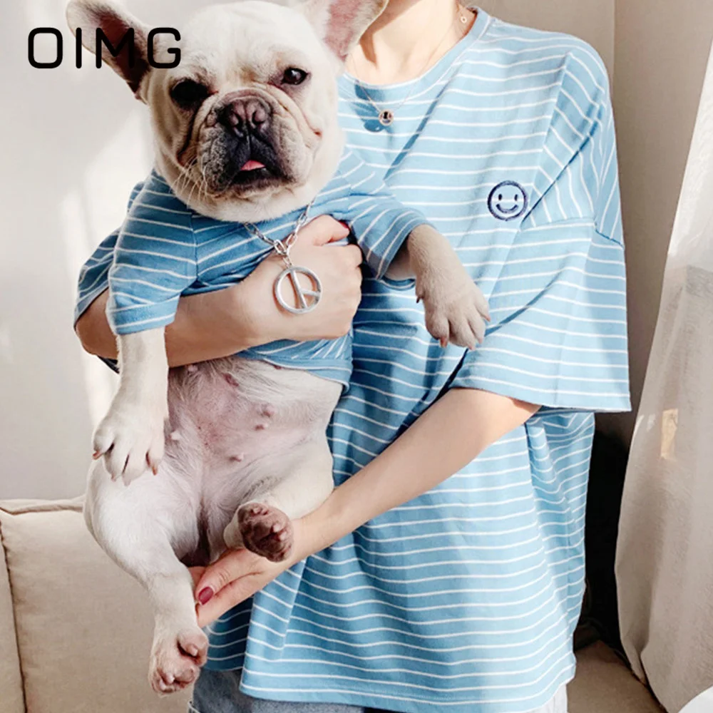 OIMG Summer Dog Sweater Korean Edition Pet Parent-child Fit Teddy Bichon Garfield Striped Cotton T-shirt Small Dogs Short Sleeve