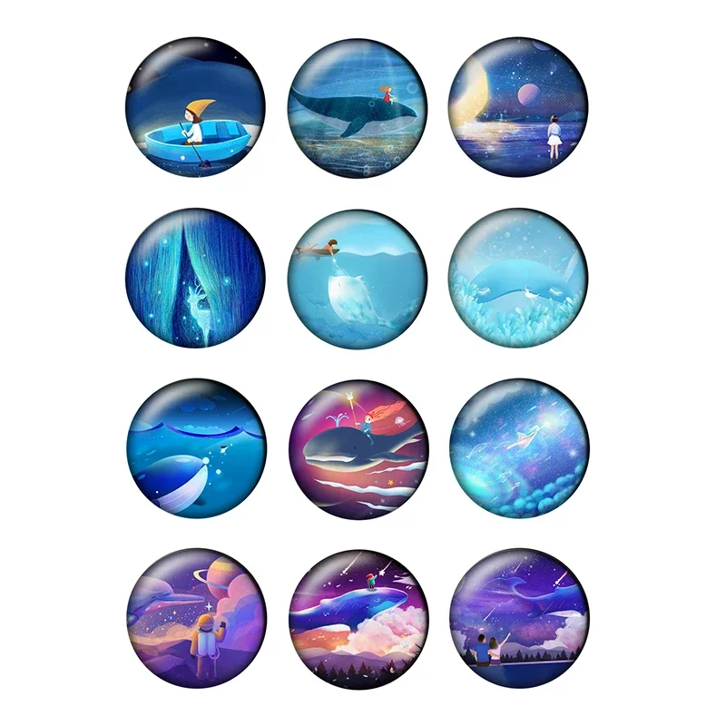 24pcs Blue Tone and Beautiful Illustration Round Photo Glass Cabochon Jewelry Flat Back Making Findings DIY Charm Bracelet H012