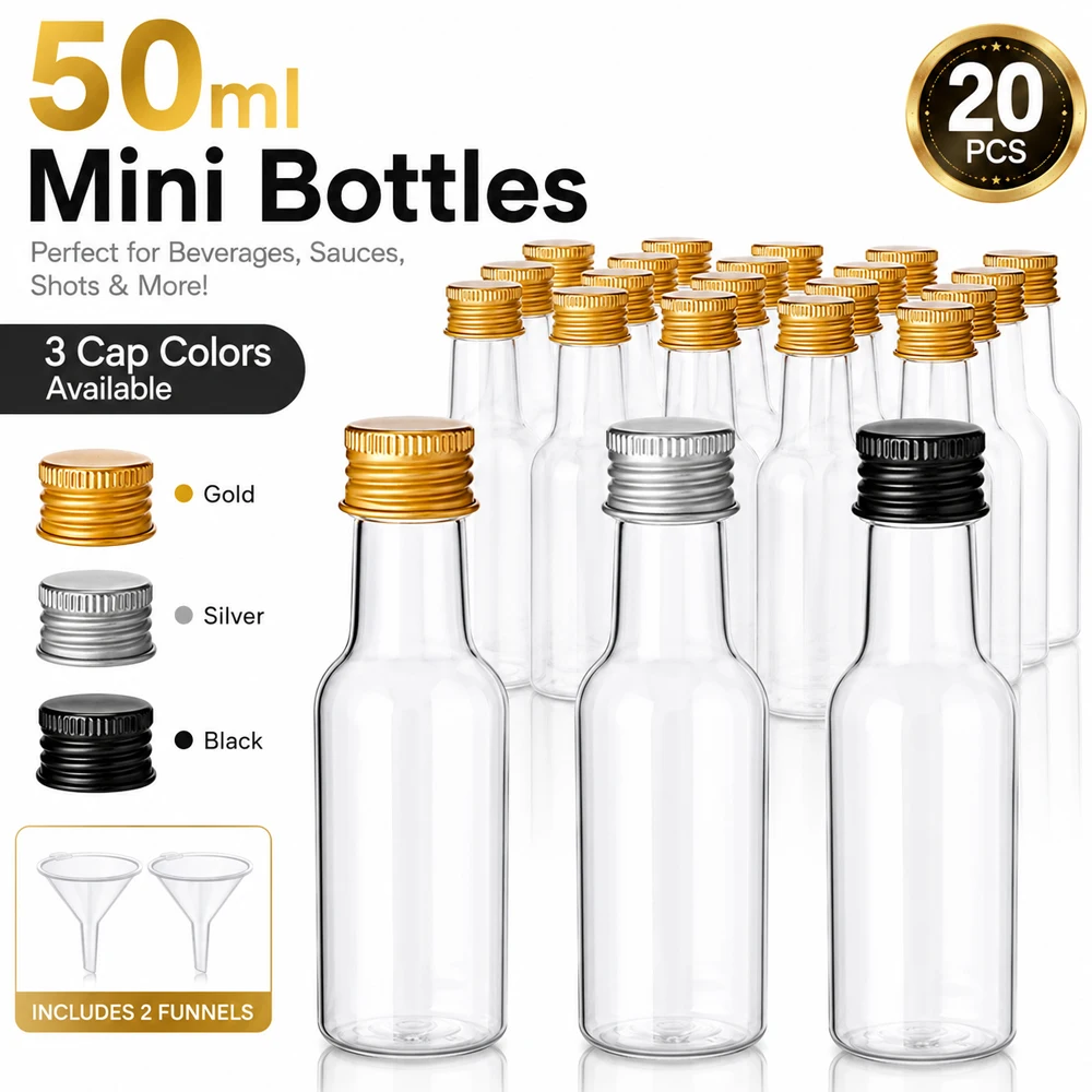 20 Mini Wine Bottles with Gold, Silver or Black Lid, 1.7 oz Plastic Small Cups with 2 Funnels - Reusable Party, Sample Spirit