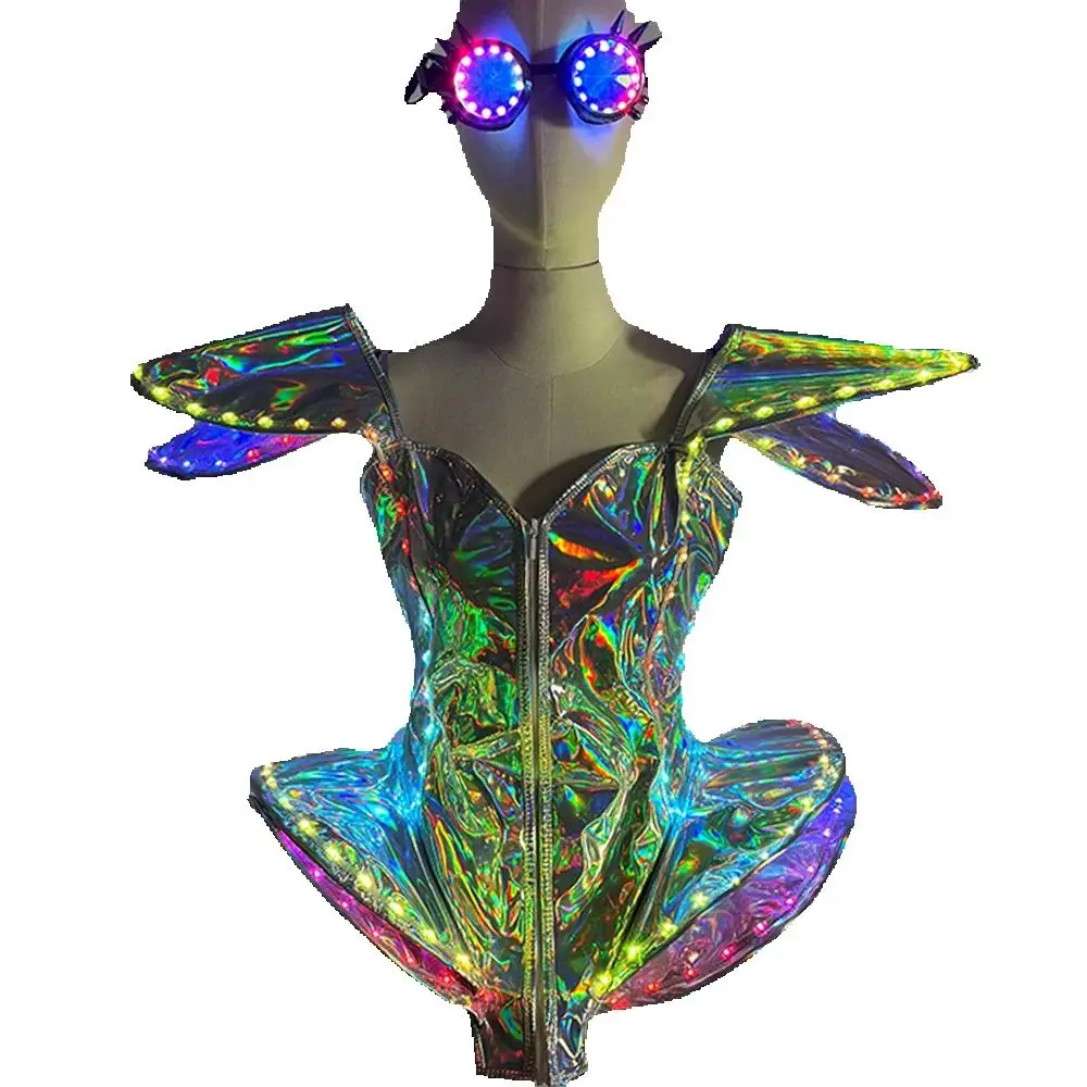 مثير المرأة LED الليزر الأبيض زي قطعة واحدة مرحلة الأداء DS الرقص ارتداءها ملهى ليلي Gogo فستان فقاعة صغيرة LED