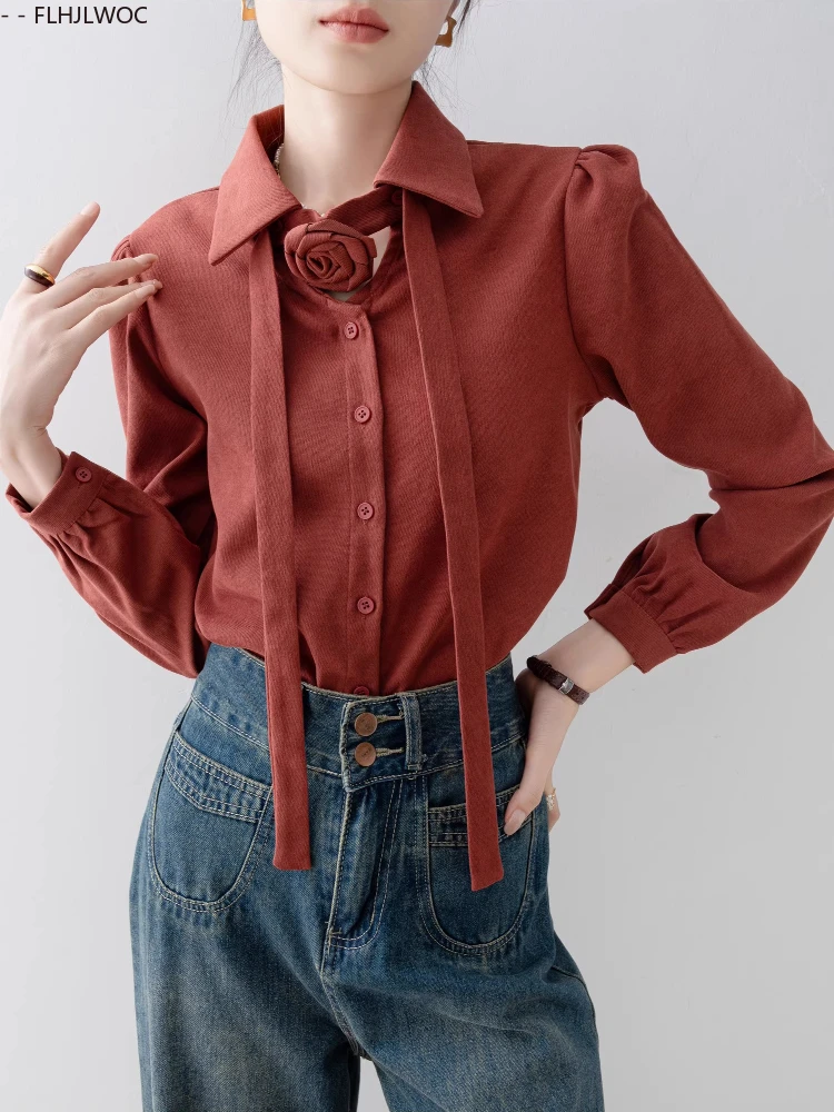Corduroy Shirts Fashion Women Christmas New Year Korean-Style Vintage Hong Kong Girls Casual Simple Button Rose Bow Tie Tops