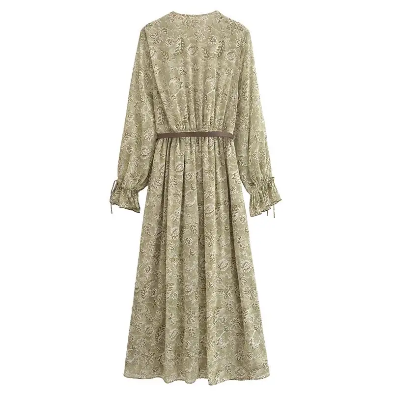 فساتين نسائية 2025 ربيع جديد شيفون طباعة الخامس الرقبة شيك سليم فستان طويل موضة أنيقة عطلة الشارع فستان نسائي