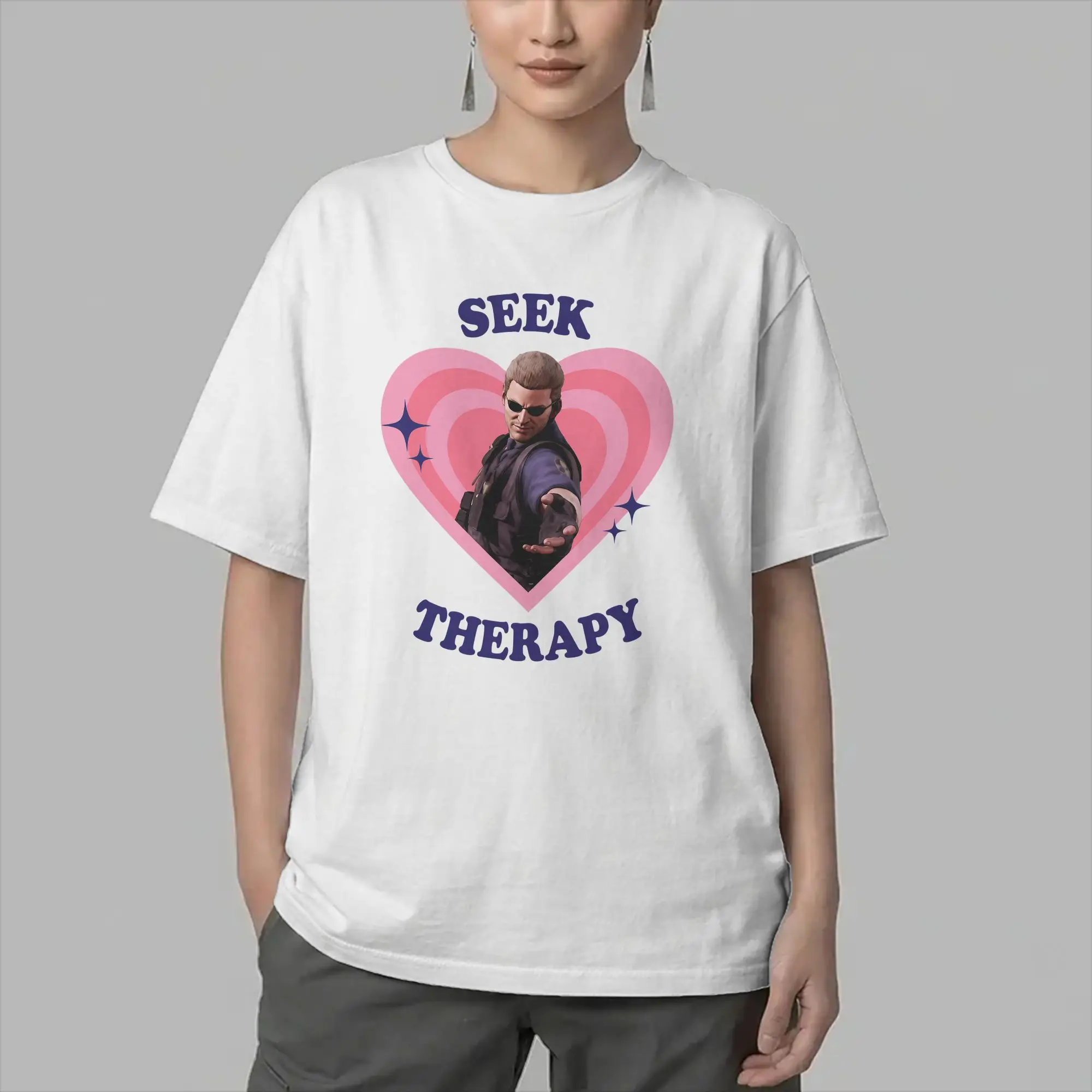 Men Albert Wesker Seek Therapy T Shirt  Pure Cotton Clothing Cool Short Sleeve Crewneck Tee Shirt Big Size T-Shirts