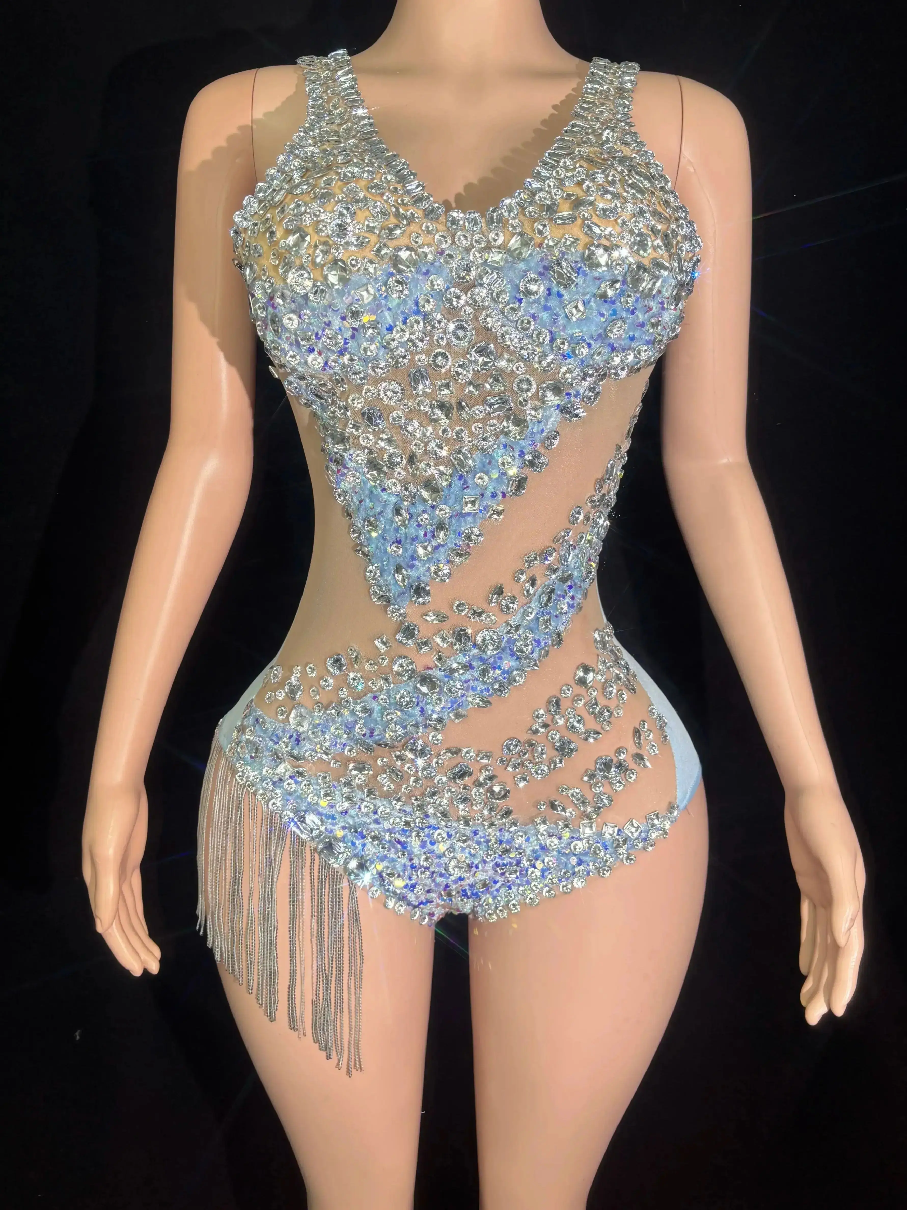 

Women Sexy Sparkly Blue Silver Crystal Stretchy Night Club Singer Dancer Shinning Tassel Stage Costume Party Bodysuit