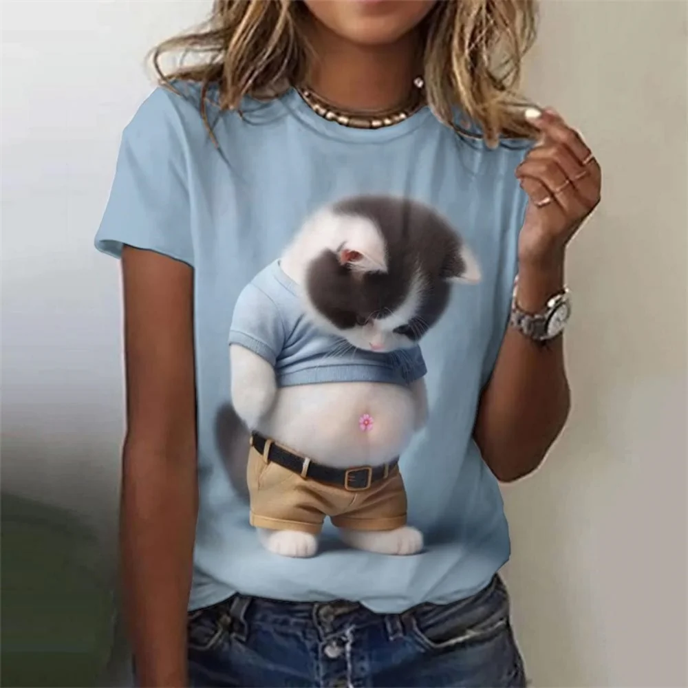 

Одежда для девочек, футболка с короткими рукавами и милым толстым котом, летняя повседневная верхняя одежда с 3D принтом животных, удобная детская одежда на открытом воздухе