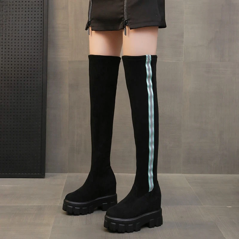 

Korean Style Women's Over The Knee Suede Rider Boots Black Stretchy Versatile Slimming Wedge Thick Sole Inner Height Increase
