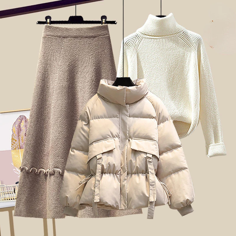 2022 New Autumn and Winter Korean High Neck Sweater Down Cotton Jacket + Fashion and Leisure Three Piece Skirt Suit