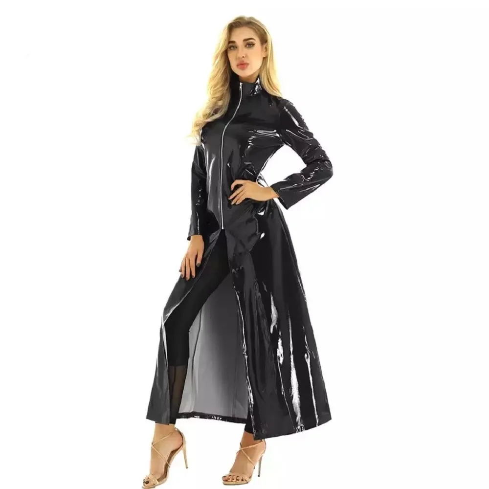 Customized Mirror Finish Patent Leather Super Bright Leather PU Red Skirt Sexy Women's Windbreaker Extra Long Jacket Jazz Pole