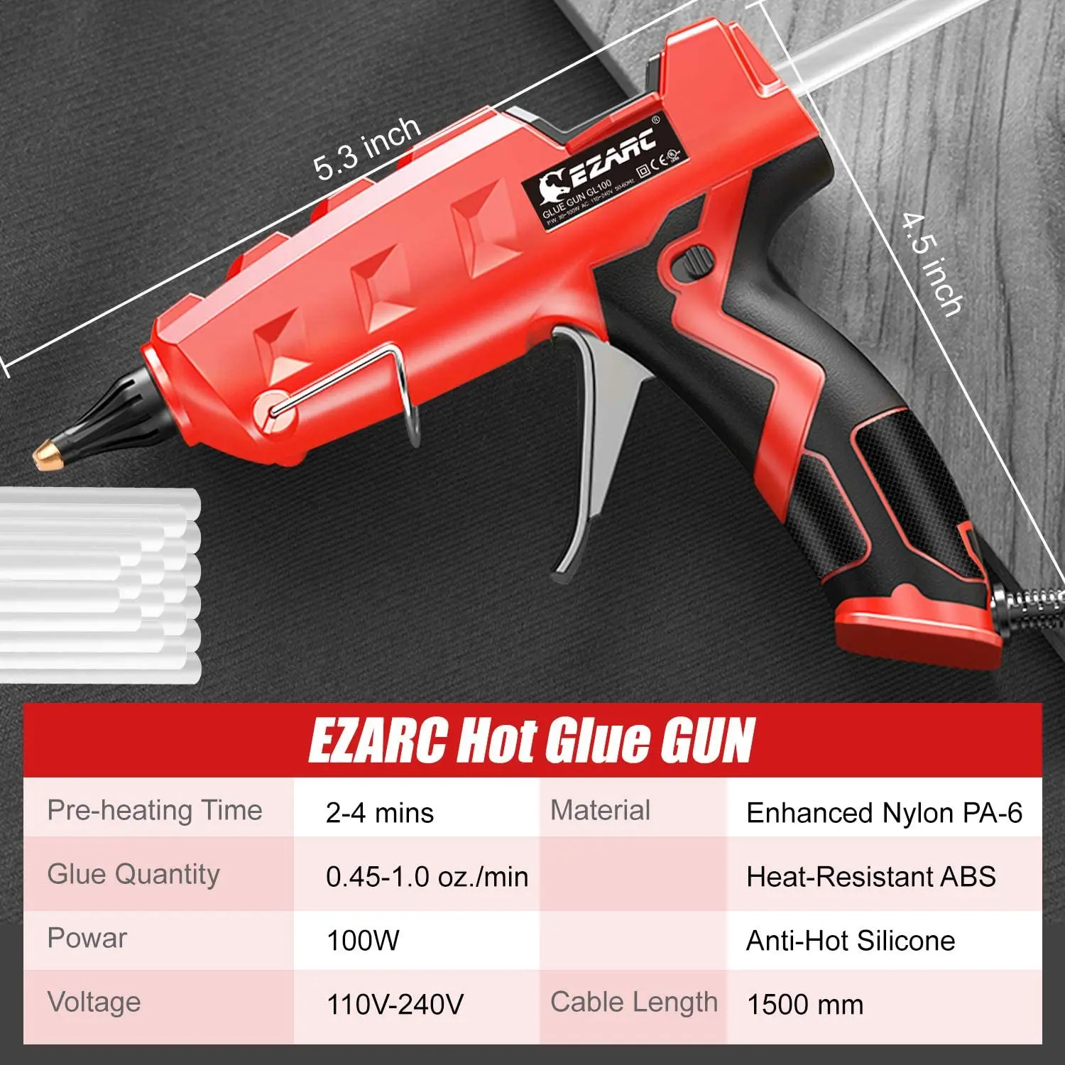 EZARC Hot Melt Glue Gun 100W Heavy Duty Full Size Glue Gun kit with 20pcs Glue Sticks (150 x 11mm),for Home,Office Quick Repairs