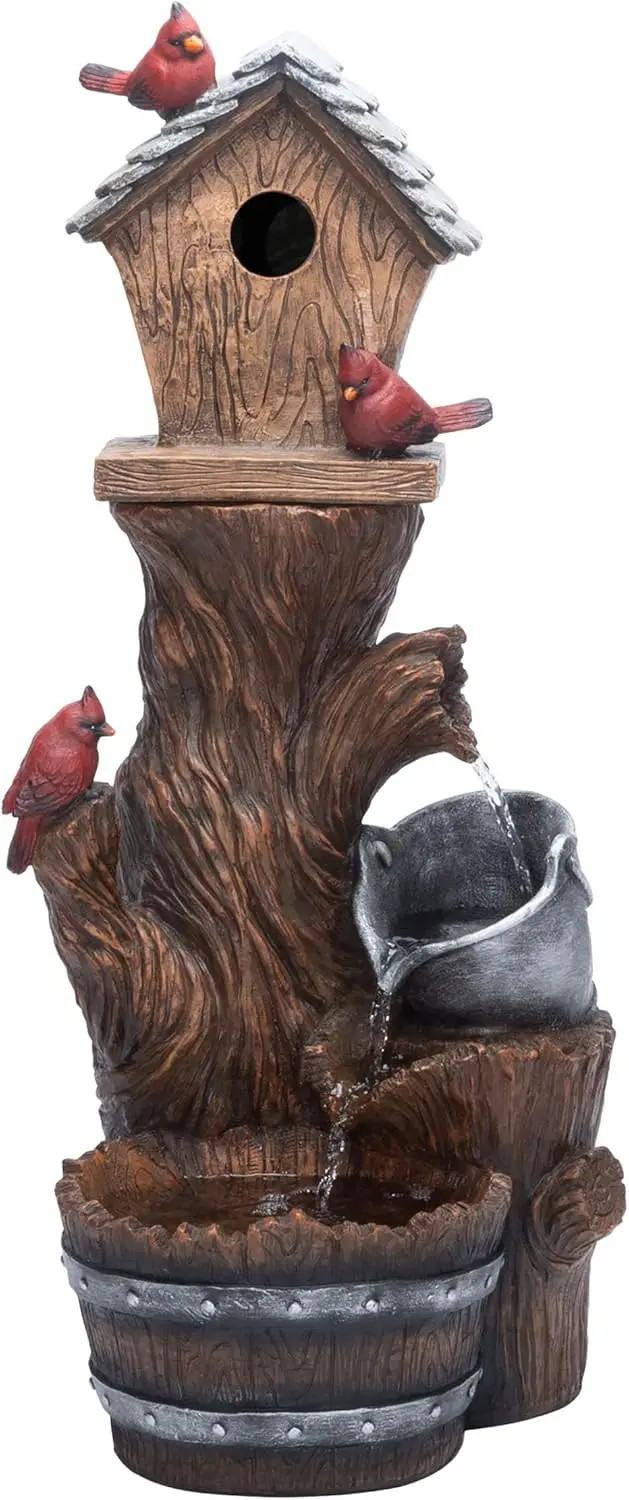 Outdoor Floor Barrel and Cardinal Birdhouse Fountain, Cascading Barrel Garden Fountain 32