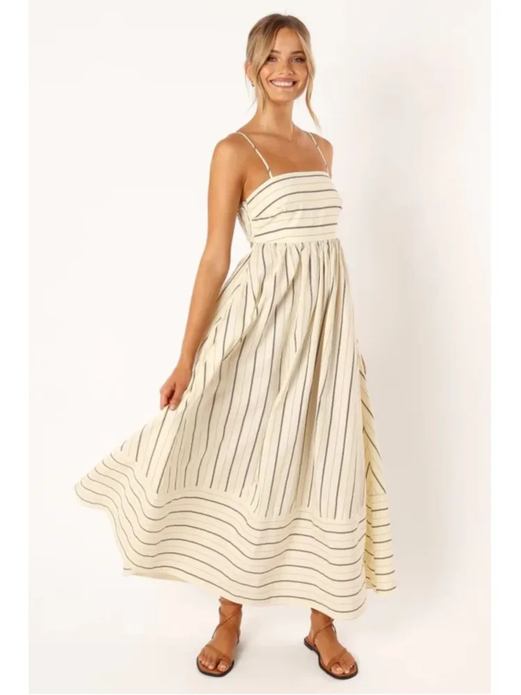 

Elegant Stripe Maxi Long Dress Summer Women Spaghetti Strap Ruffle Backless Pleated Elastic Waist Boho Party Swing Loose Dresses