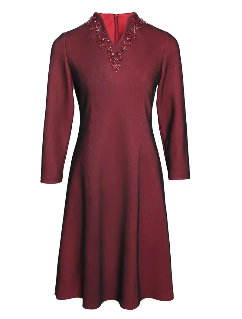 4XL 3XL 2XL Party Elegant Women Dresses 2023 Autumn Winter Woman V-Neck Diamond Beading Deco Long Sleeve A-Line Red Dress Luxury