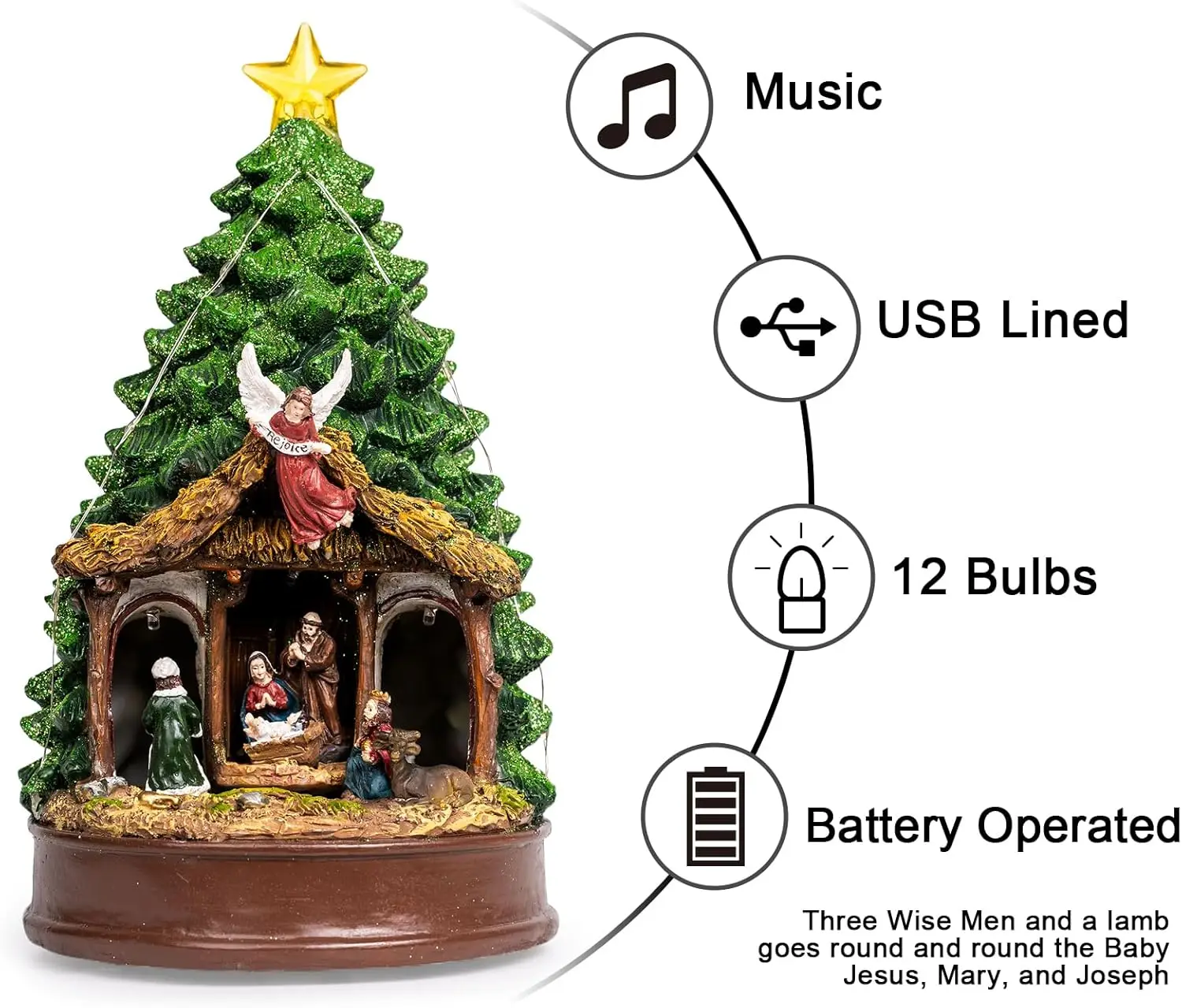 Rotating Nativity Scene Christmas Tree with LED Lights, Music, and Angel Figurines for Tabletop Decor