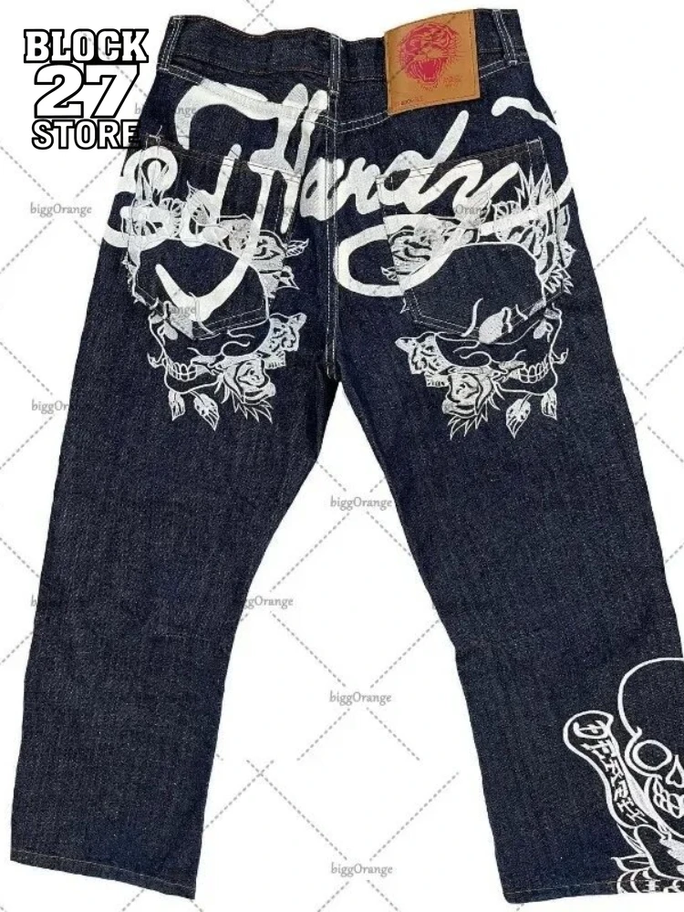 Jeans da uomo streetwear Y2K pantaloni in denim vintage a gamba dritta teschio rosa design con stampa fiamma vestibilità ampia moda retrò punk hip hop