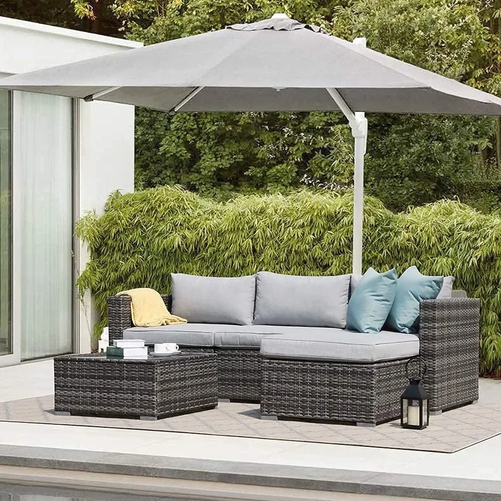 5 Piece Outdoor Patio Furniture Set, Sectional Conversation All-Weather Grey PE Wicker w/Light Cushions, Backyard Porch Garden