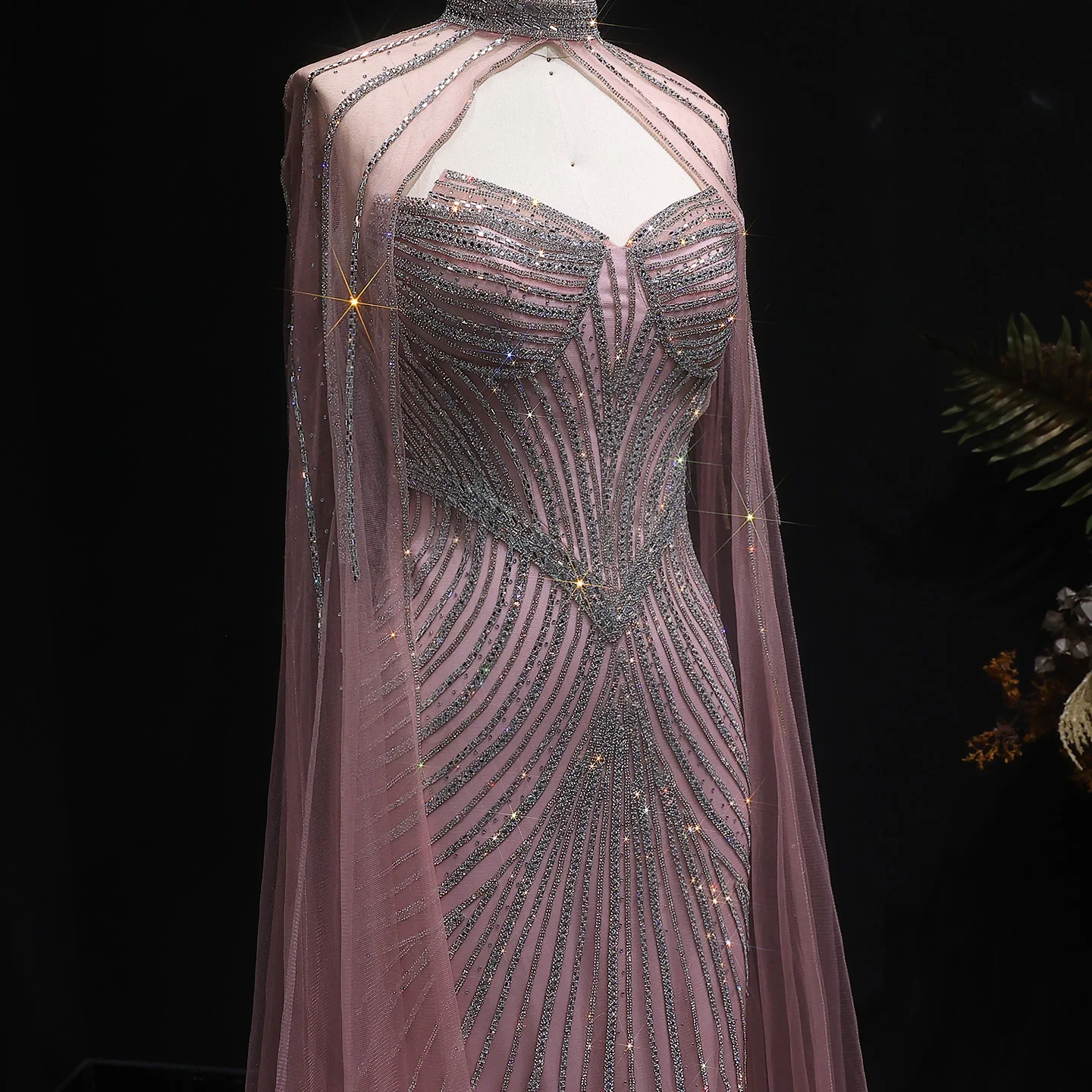 Sharon Said Sparkly Crystal Pink Mermaid Abendkleid mit Cape-Ärmeln Blau Elegante Frauen Hochzeit Party Kleider SS017 Maßgeschneidert