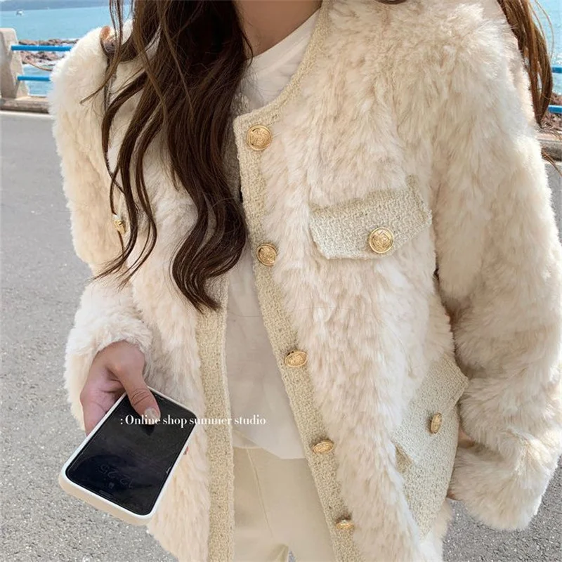 Fur Xiaoxiang Style Coat Women Winter New High-end Cocoa Imitation Rabbit Fur Coat Thick Round Neck Internet Famous Cotton Coat