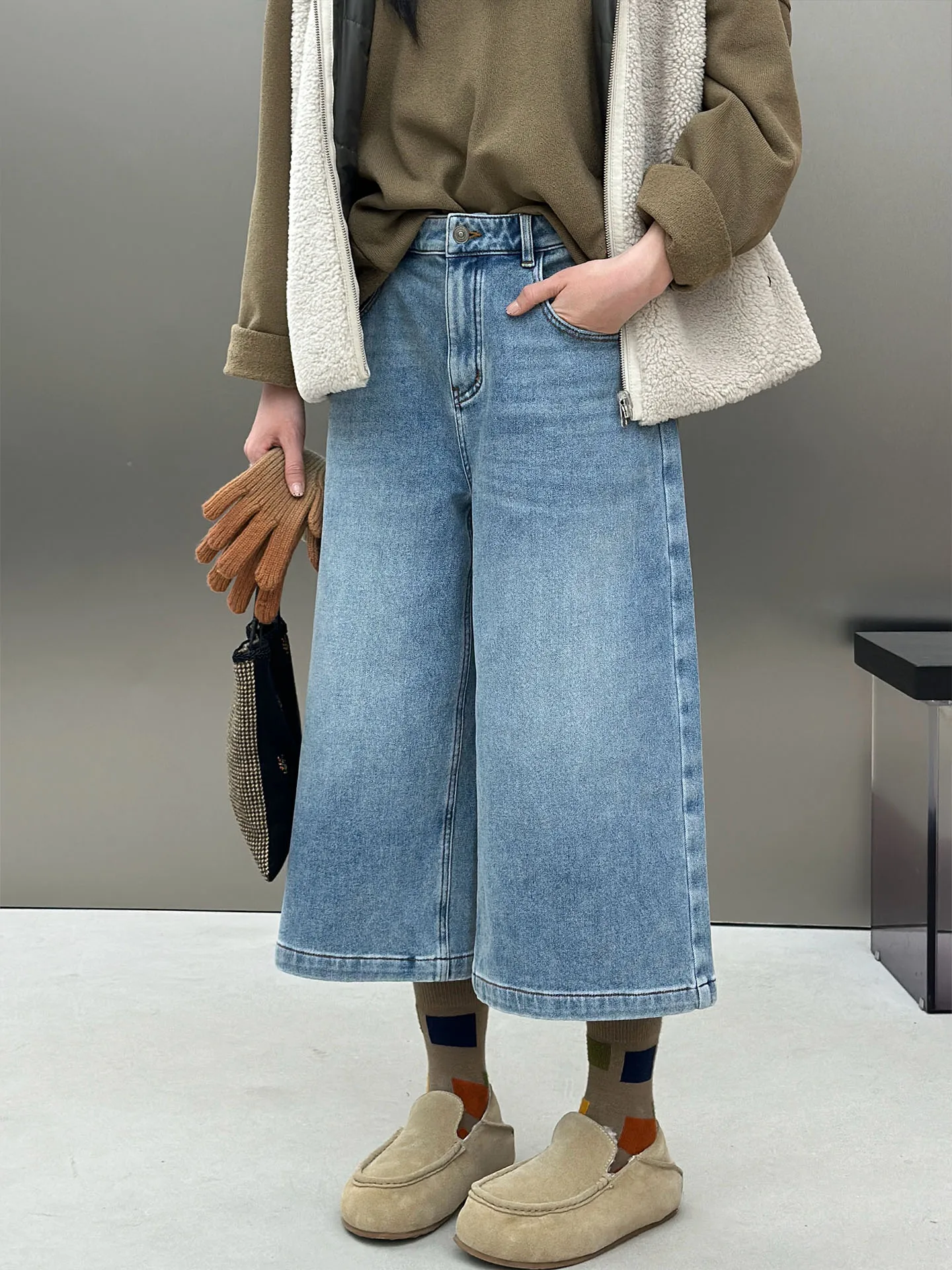 

Джинсы Wangzaije Thiened Fce с высокой талией, широкими штанинами, повседневные, свободного кроя, удлиненные (7/8), с эффектом похудения, из денима