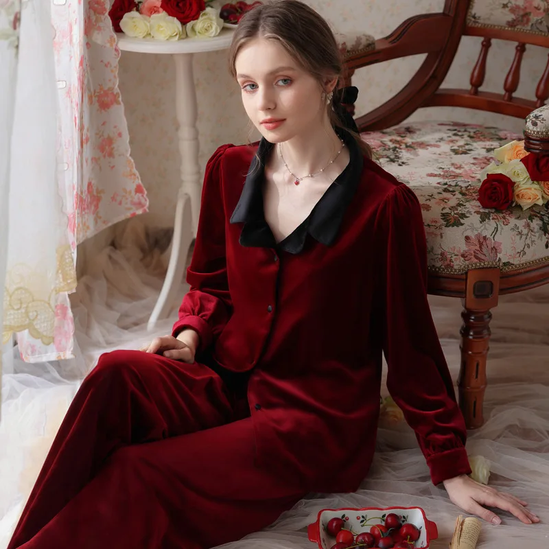 Autumn Winter Ice Silk Tops Pants Loungewear Romantic Princess Sleepwear Nightwear Velour Satin Pajamas Women Lace Pajama Sets