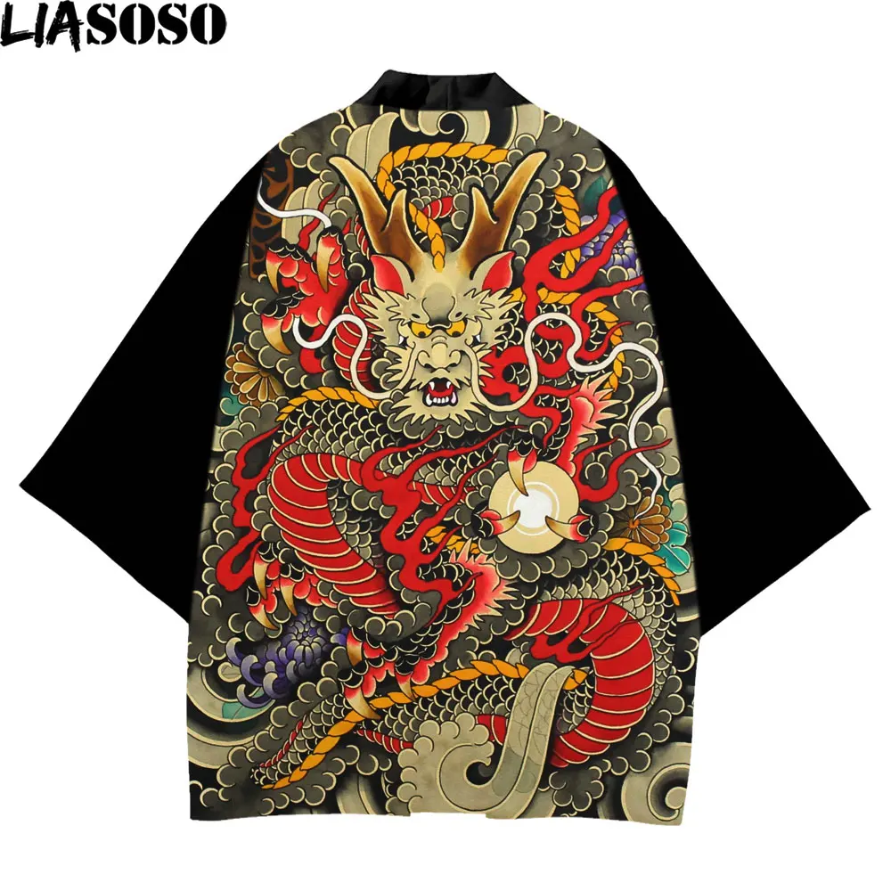 

LIASOSO Black Kimono Dragon Asian Traditional Feather Top Taihei Yukata Anime Ukiyo-e Dress Homme Cardigan Cosplay Kimonos