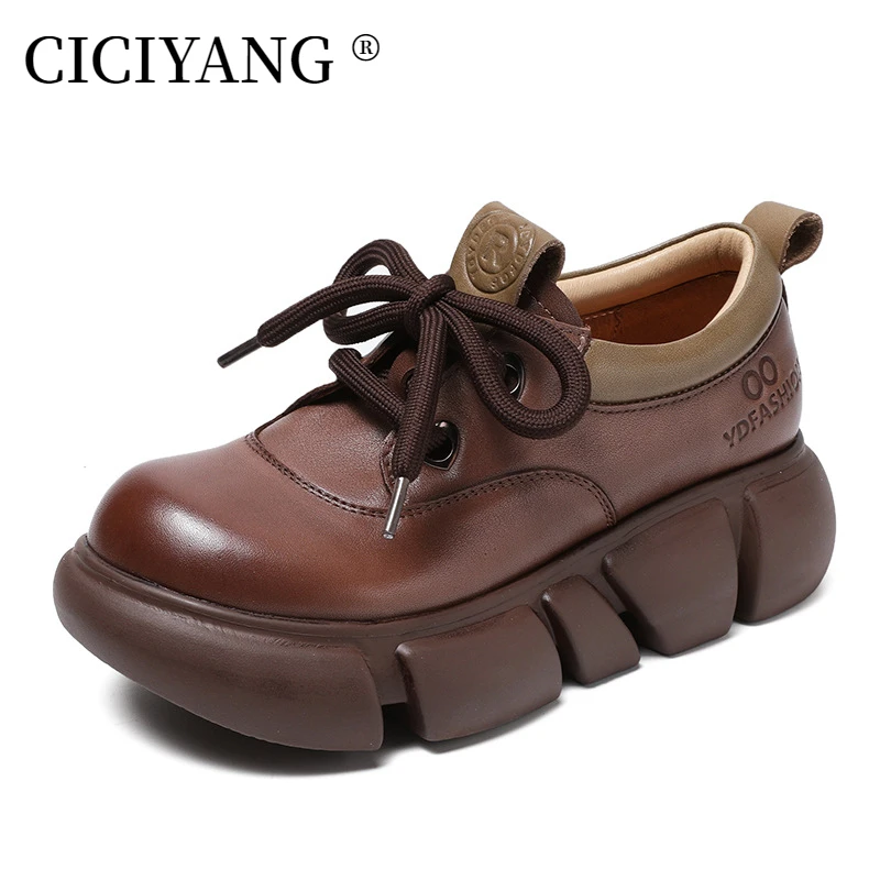 

CICIYANG Women Loafers Genuine Leather Natural Cowhide 2023 Spring Chunky Wedges Lace-up Retro Ladies Casual Sneakers Handmade