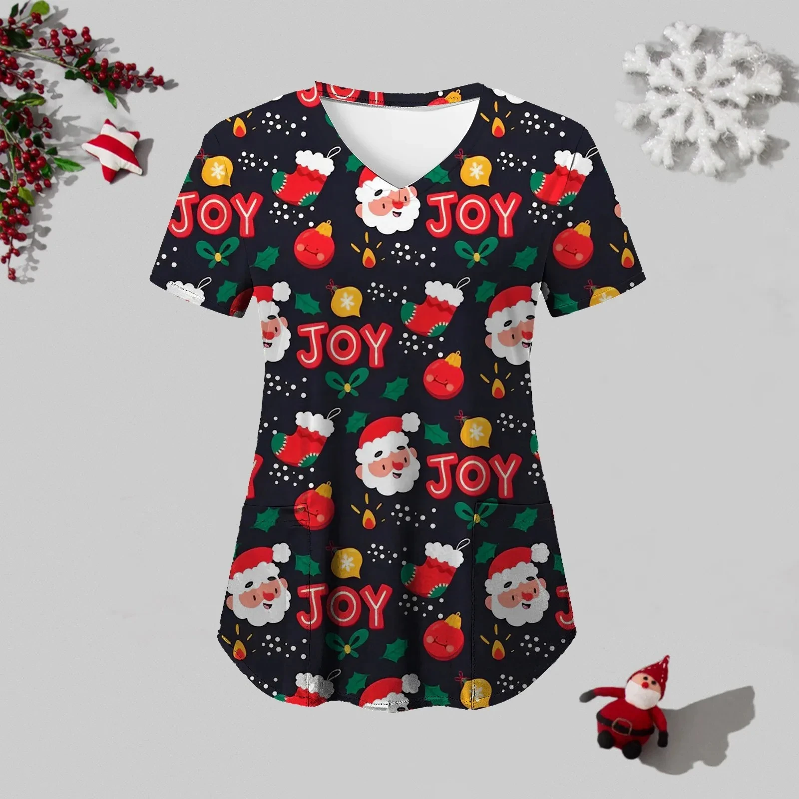 Christmas Women Working Uniform Short Sleeve V-Neck Cartoon Printing Tops Christmas Thanksgiving Blouses Uniforms Pet Scrubs Top