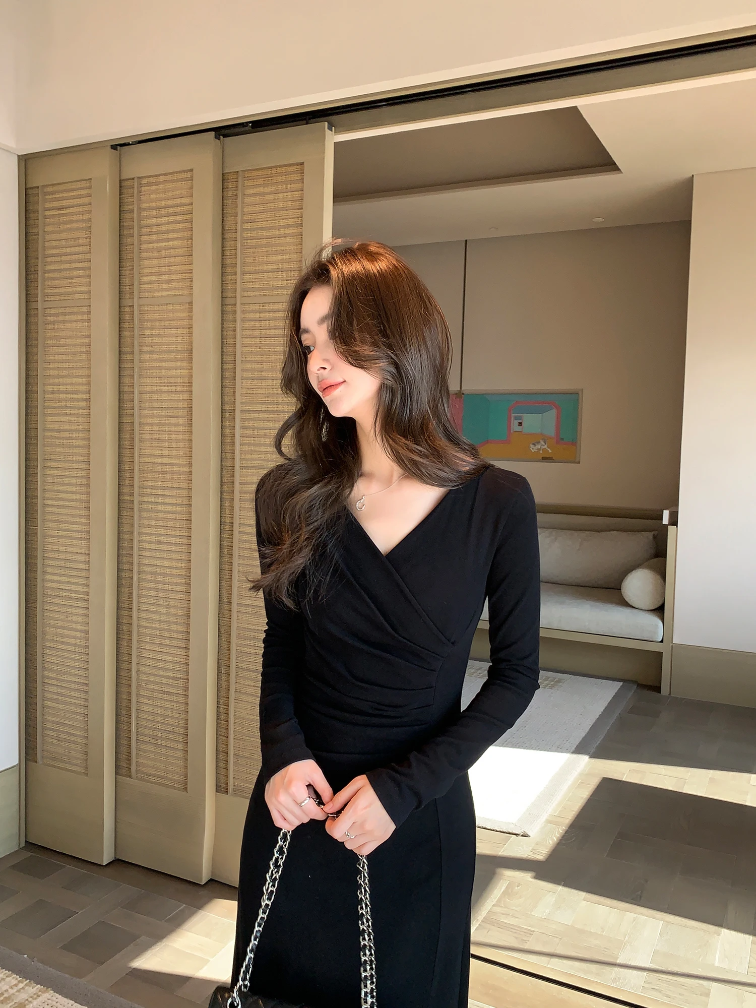 

Pusumede Romantic Wind Bell Deep V Ne Ele Sexy Women's Dr Slimming Pleated Inner Wear Long Skirt Casual Sle