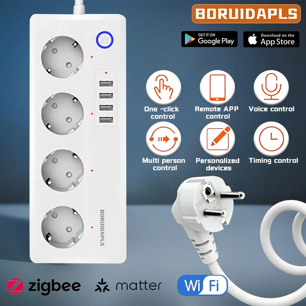 BORUIDAPLS ZigBee Matter WiFi Smart Power Board Timer Voice Socket Remote Control With Tuya Google Home Apple Home Alexa Outlet