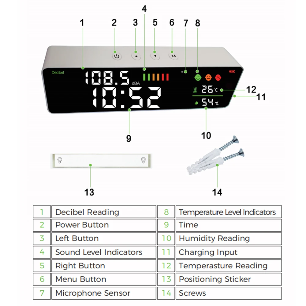 Imagem -05 - Dienmern-medidor de Decibel Montado na Parede com Tuya Wifi Medidor de Nível de Ruído Produto Relógio Led Medição de Temperatura e Umidade