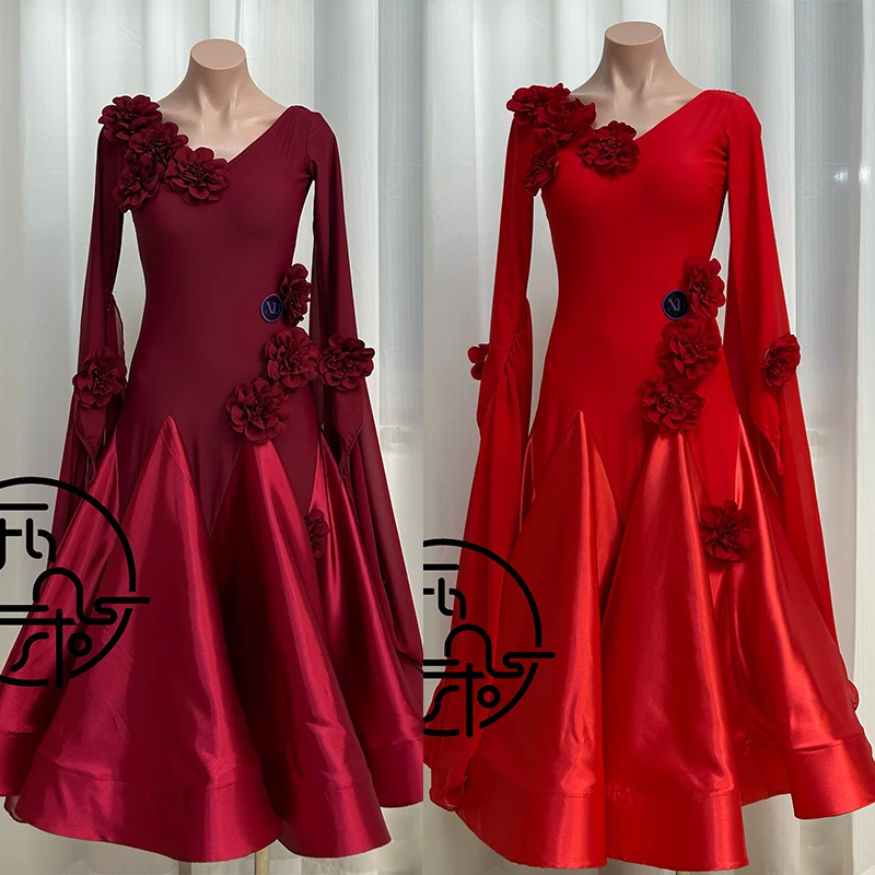 Luxus Blumen Satin Ballroom Dance Kleid Frauen Lange Ärmel Walzer Dance Performance Kleidung Wettbewerb Kleid Prom Kleid L18110