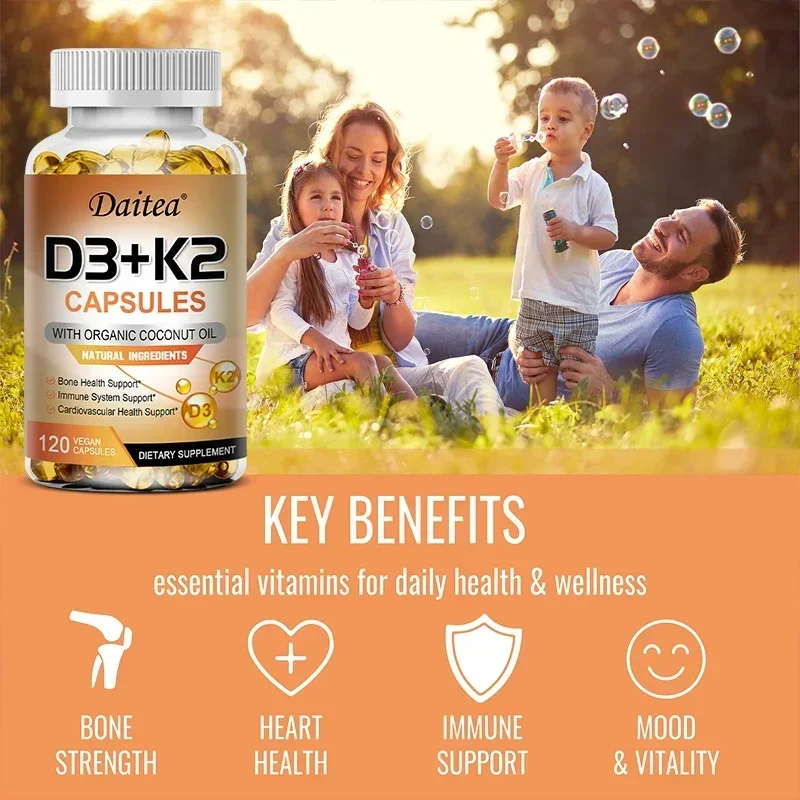 Vegan Vitamin D3 K2 Capsules - Organic Coconut Oil - Daily Supplement for a Healthy Immune System & Bones Gluten & Soy Free