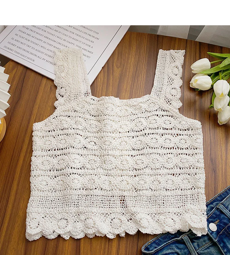 Sheer Crochet Top Embroidery Lace Blouse Sleeveless Button Front Open-knit Cardigan for Women Spring Summer Boho Vacation Outfit