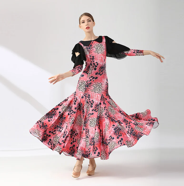 New Cheapstandard ballroom dress  waltz dress woman competition tango dress pratice wear red flower print 2107