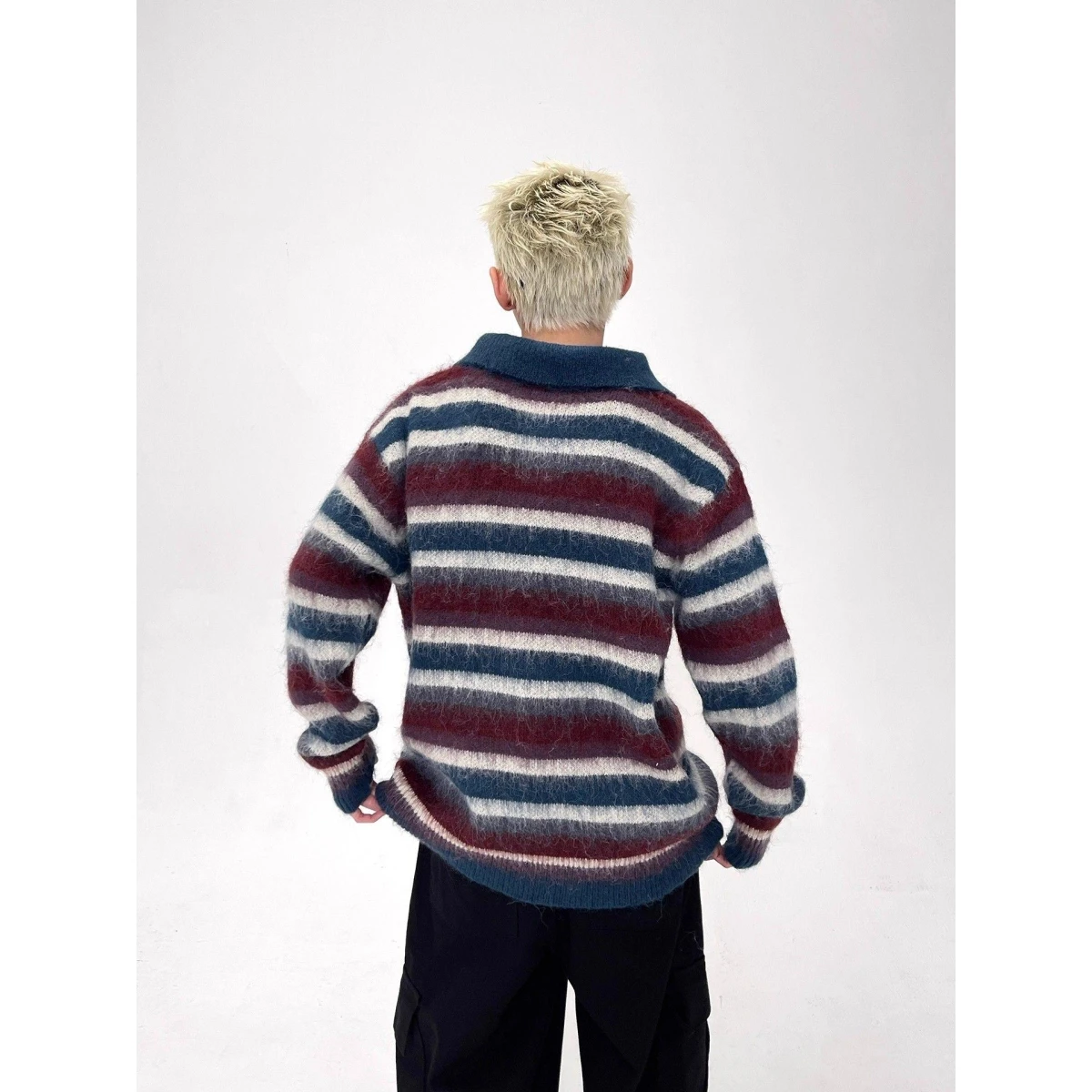 American Sle Lazy Vintage Suelto Ne Rayas Suéter ex Otoño Invierno Cuello clásico Top Moda Suave Poliéster Kni...