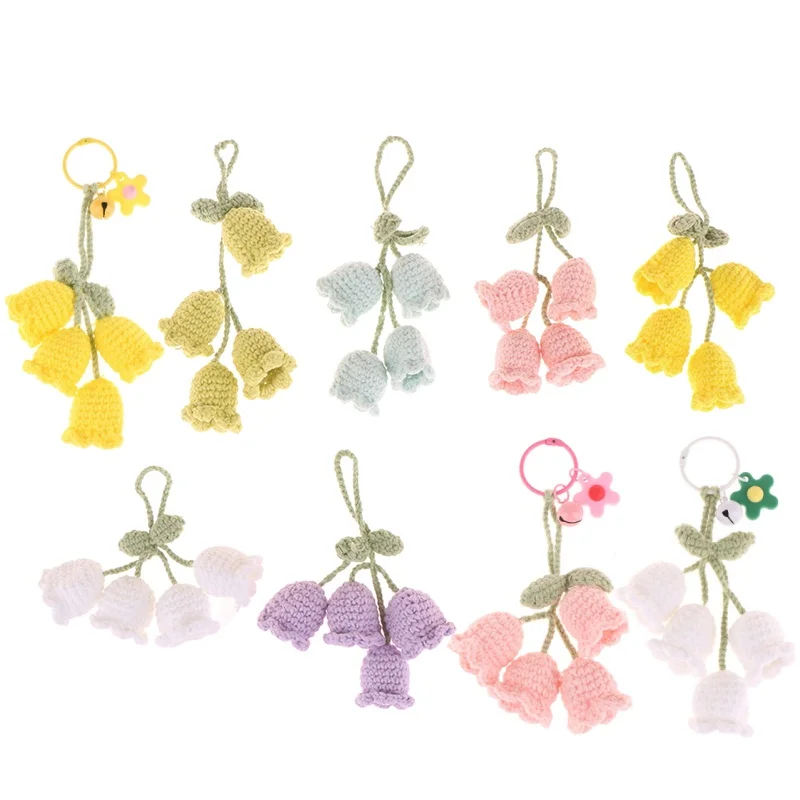 Handmade Knitted Keychain Keyring For Women Fashion Yarn Crocheted Bell Orchid Flower Bag Pendants Car Key Ring Charms Gift