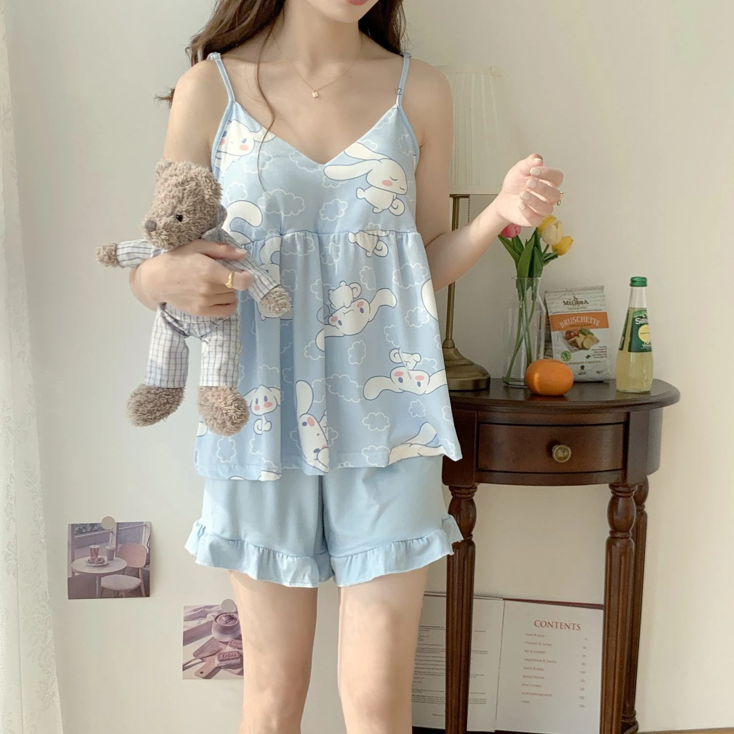 Cinnamoroll Blue Cute Spaghetti Strap 2 Pcs Summer Pjs Y2k Women's Summer New Korean Sweet Nightwear Set Home Casual Clothes