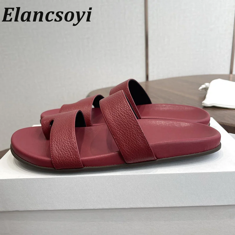 Women's Summer Genuine Leather Solid Color Split Toe Casual Flat Slippers Versatile and Comfortable Beach Vacation Sandals