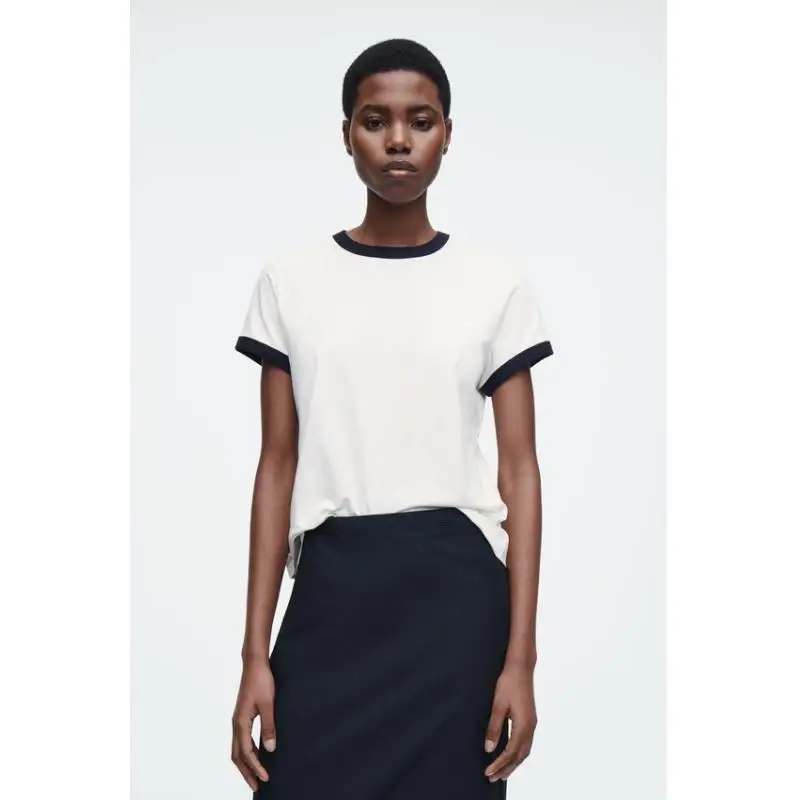 Slim Fit round Ne ort Sve T-irt Women's Faion Summer Cotton Blend Elastane Casual round Ne Top in Beige And Roya...